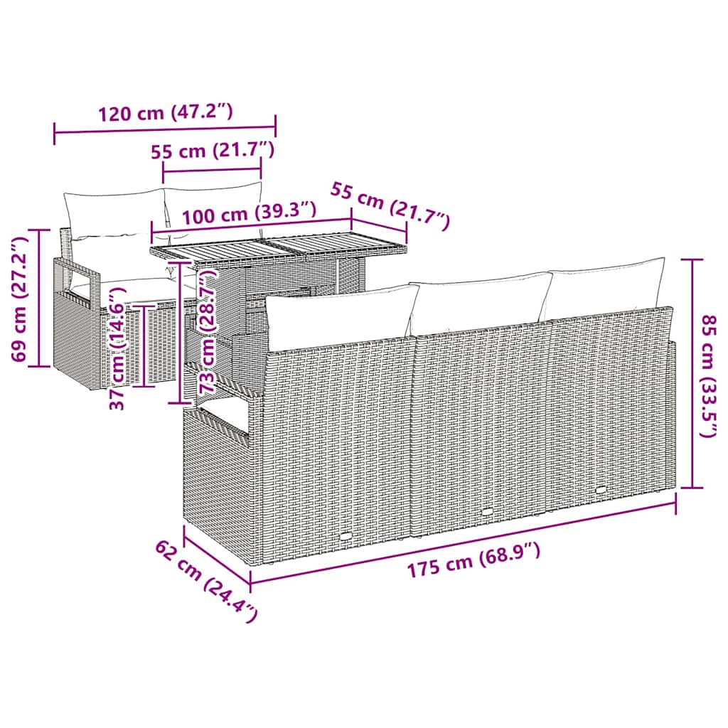 Conjunto de Sofá de Jardim com almofada Manual 6 pcs Cinzeto