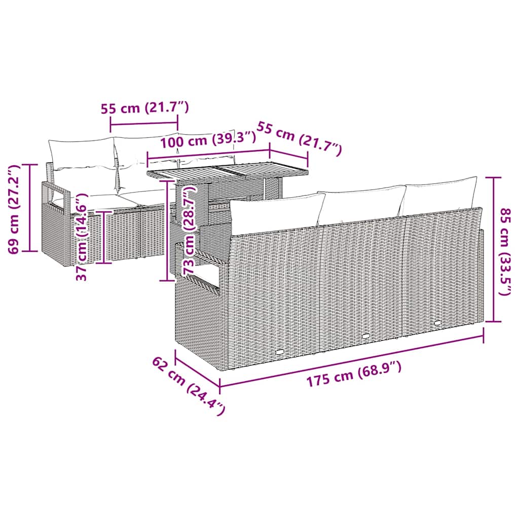 Conjunto de Sofá de Jardim com almofada Manual 7 pcs Preto