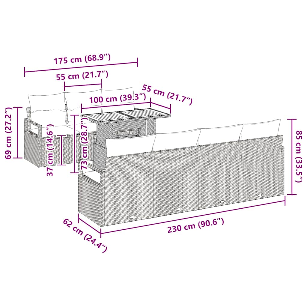 Conjunto de Sofá de Jardim com almofada 8 pcs Preto e Marrom