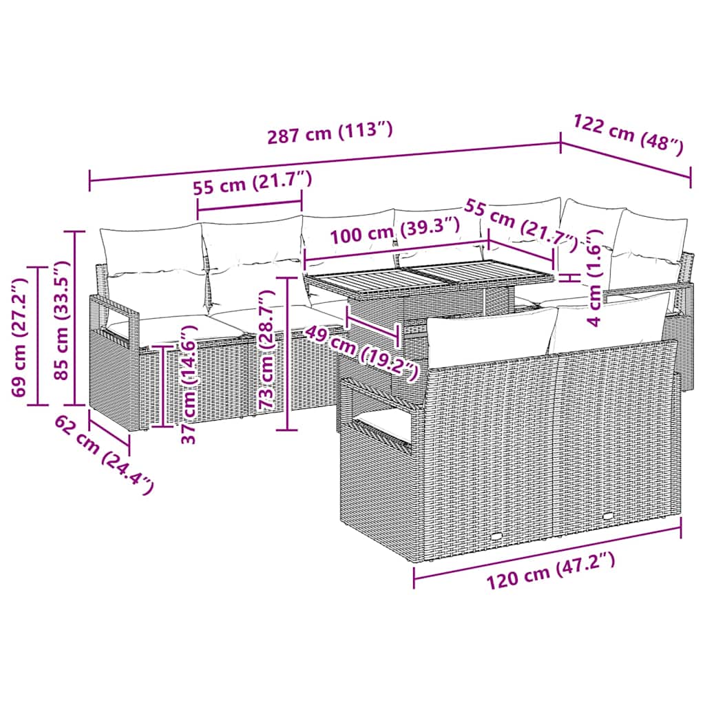 Conjunto de Sofá de Jardim com almofada 9 pcs Preto e Creme