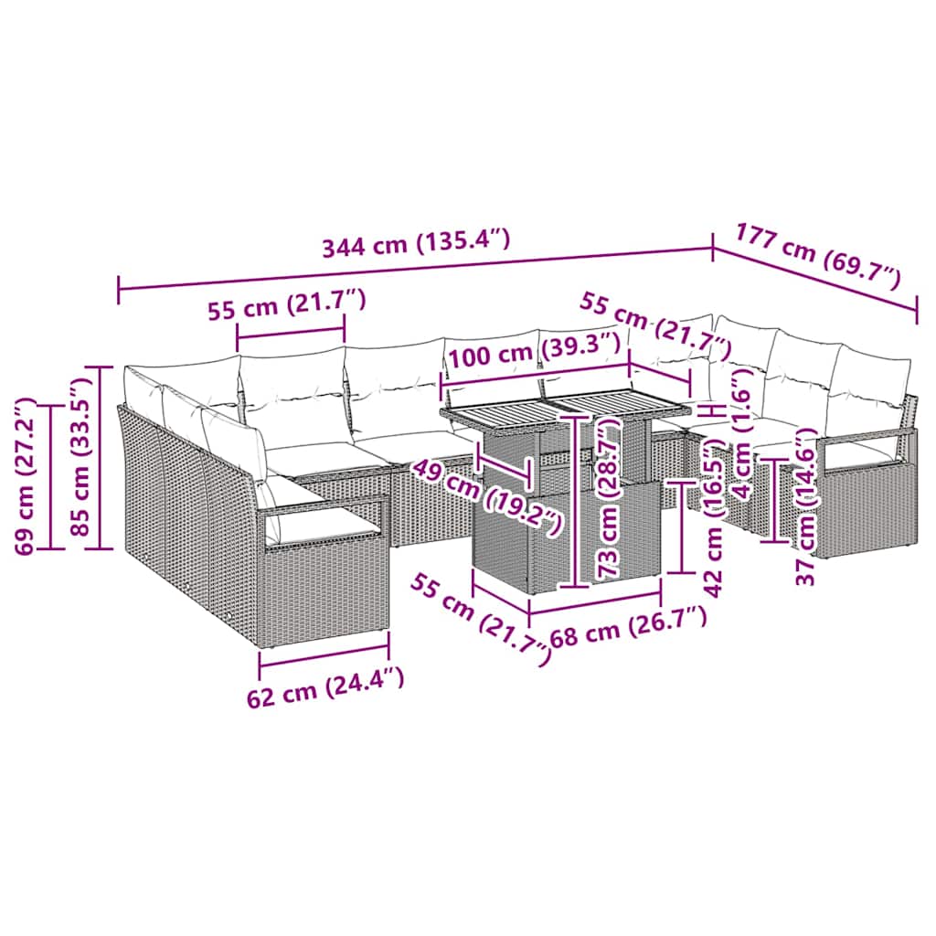 Conjunto de Sofá de Jardim com almofada 11 pcs Cinza e Marrom