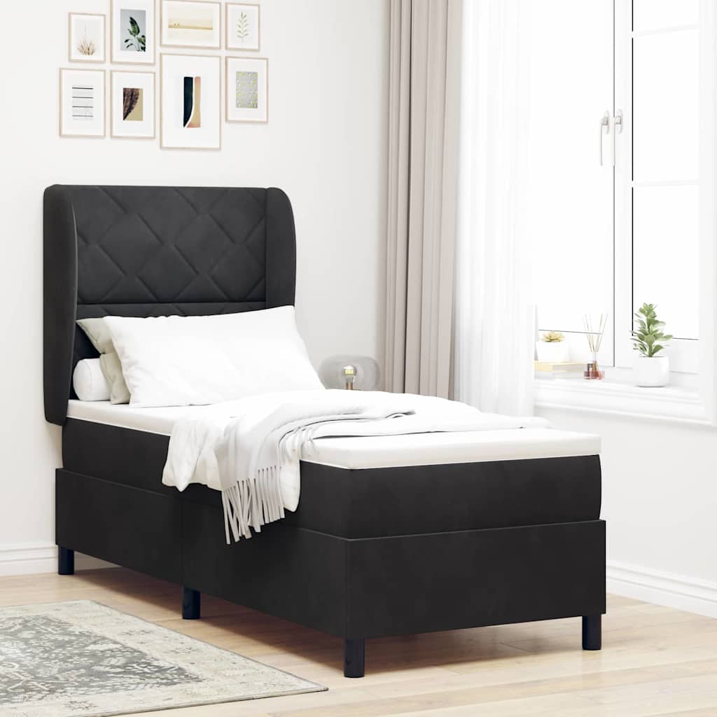 Cama Box com colchão com cabeceira Preto 80 x 200 cm Veludo