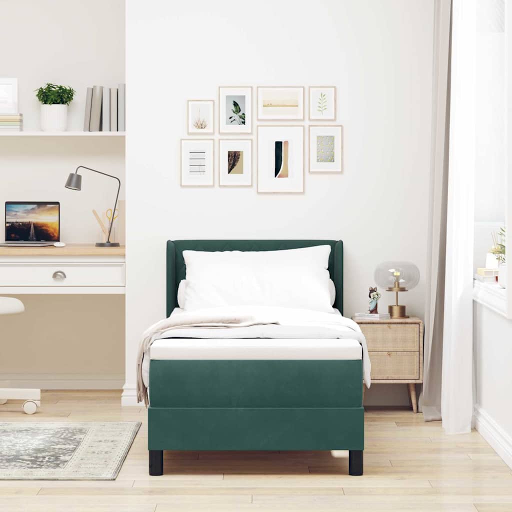 Cama Box com Colchão Preta 100x200 cm Veludo Verde-escuro
