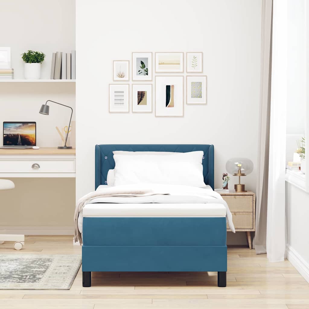 Cama Box com Colchão Preta 100x200 cm Veludo Azul escuro