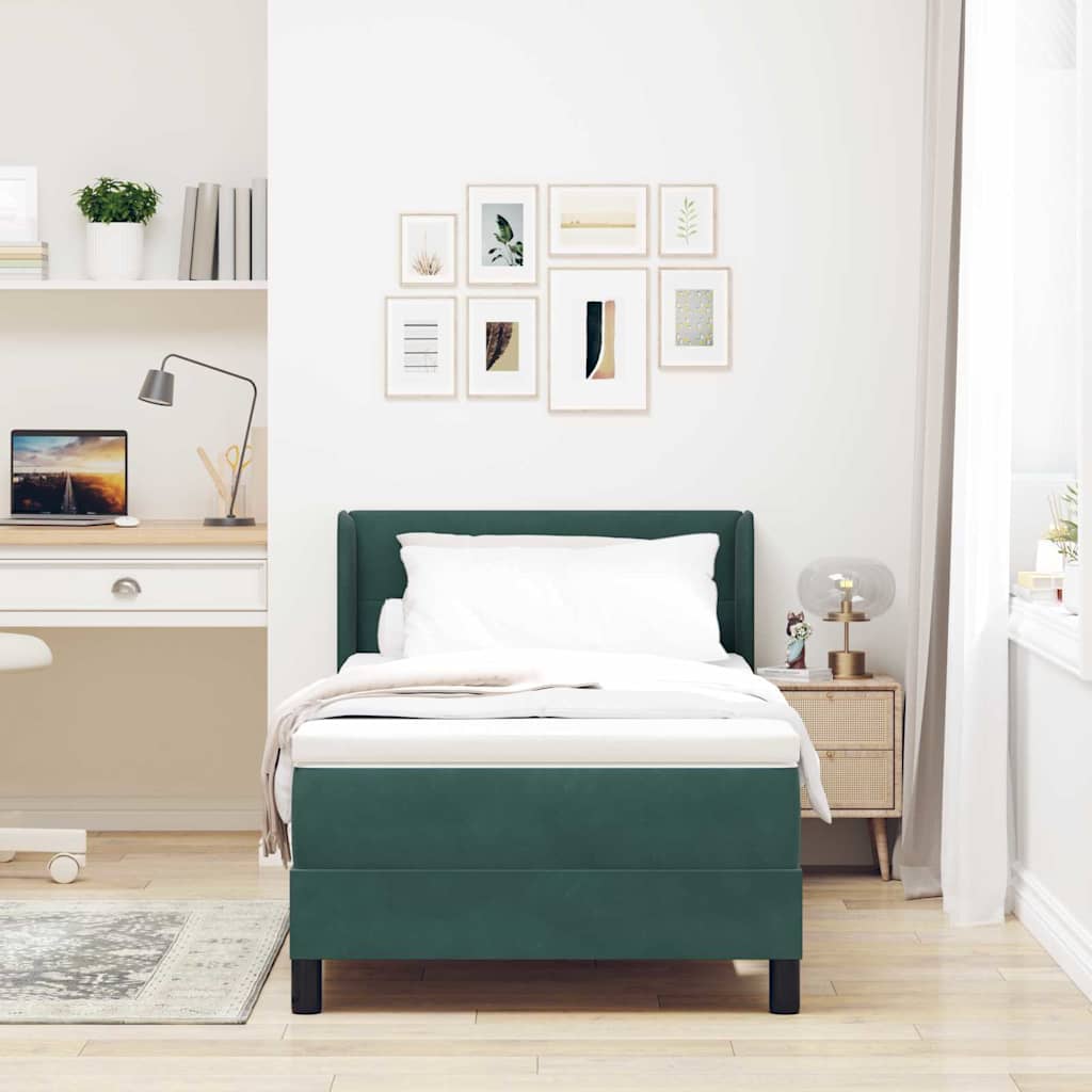 Cama Box com Colchão Preta 100x200 cm Veludo Verde-escuro