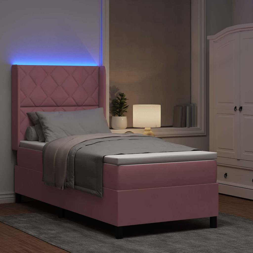 Cama Box Spring com LED e Colchão Rosa 100 x 200 cm Veludo