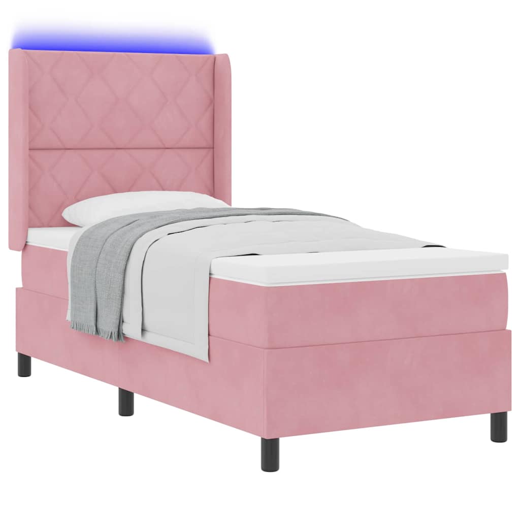 Cama Box Spring com LED e Colchão Rosa 100 x 200 cm Veludo