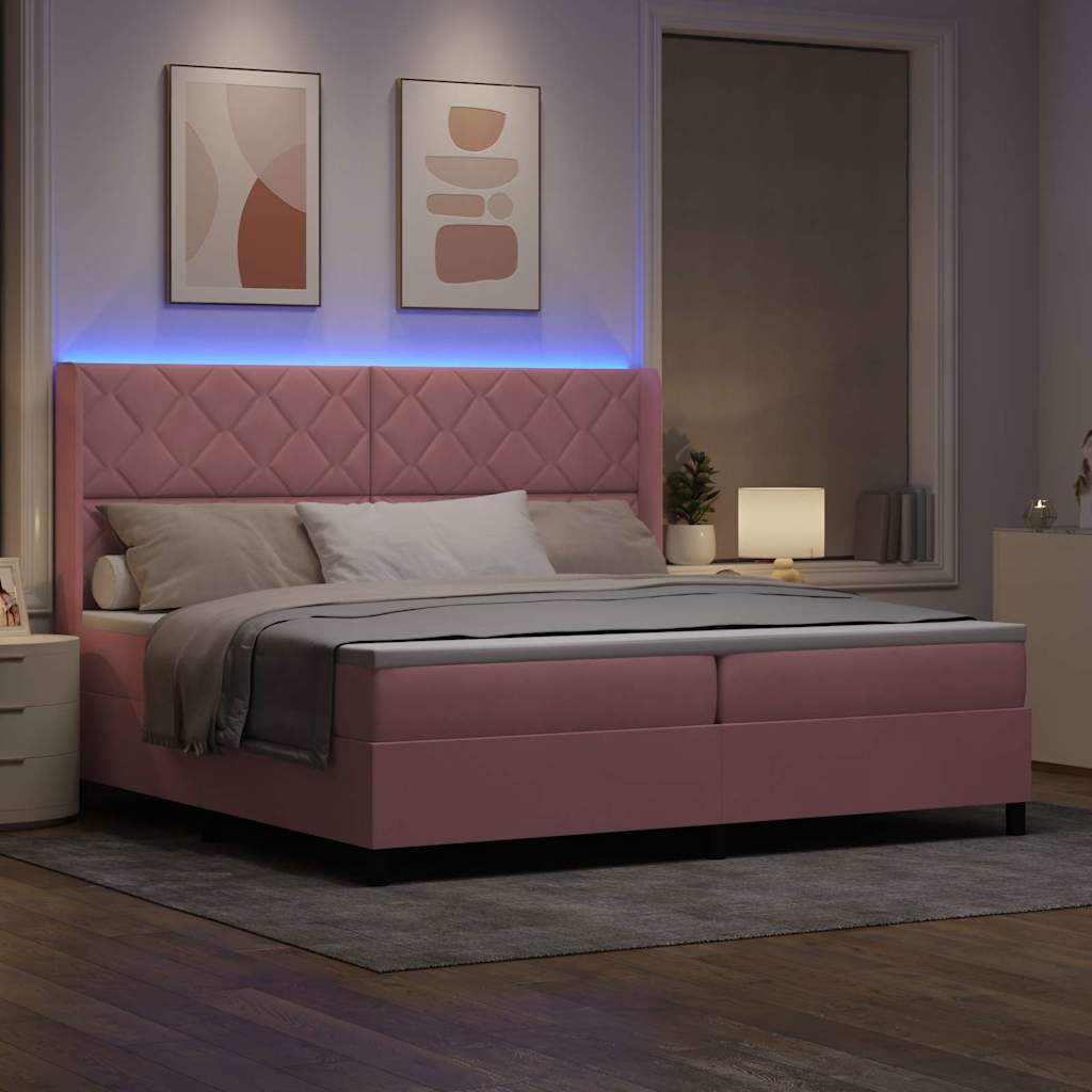 Cama Box Spring com LED e Colchão Rosa 200 x 200 cm Veludo