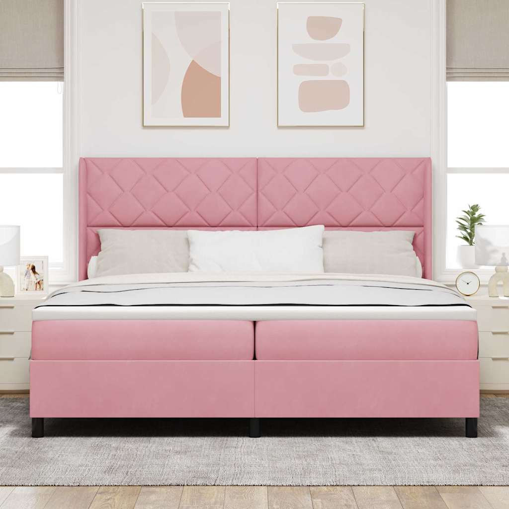 Cama Box Spring com LED e Colchão Rosa 200 x 200 cm Veludo