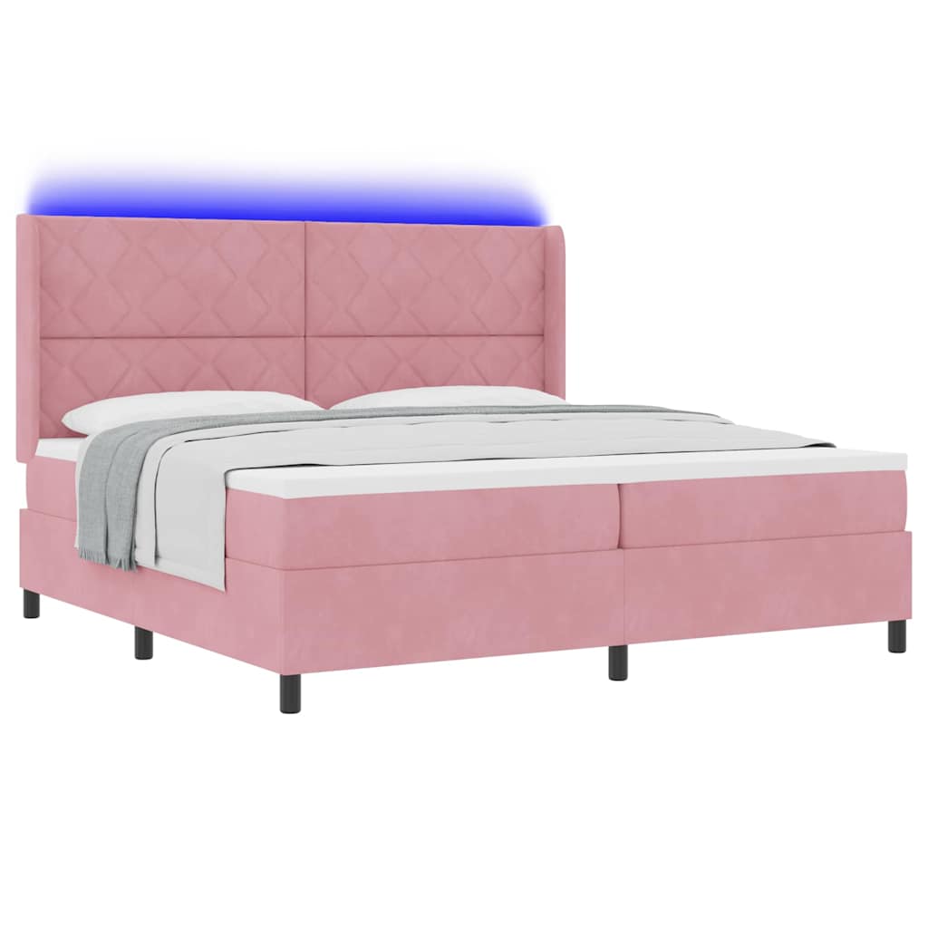 Cama Box Spring com LED e Colchão Rosa 200 x 200 cm Veludo