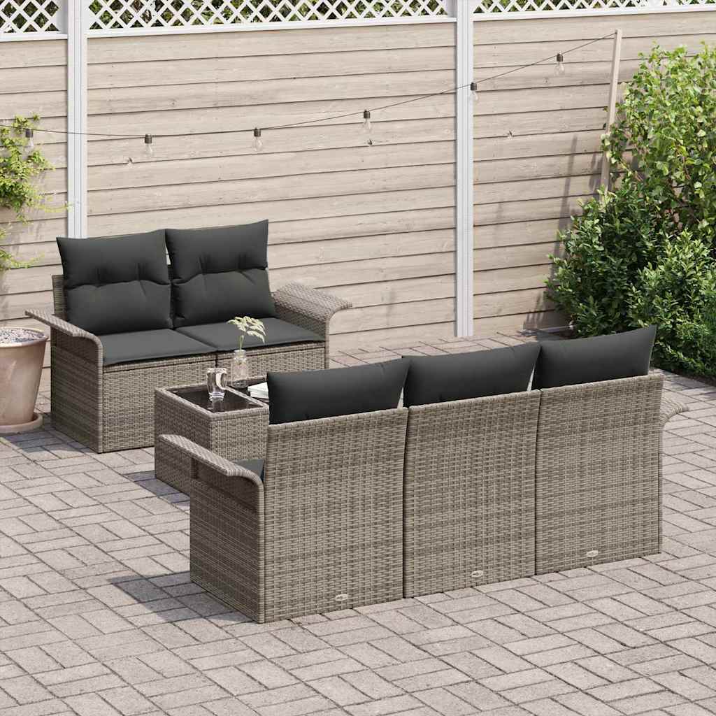 Conjunto de Sofá de Jardim 6 pcs Cinzeto Rattan e Aço e Vidro