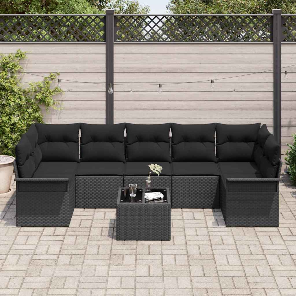 Conjunto de Sofá de Jardim com almofada 8 pcs Preto vime PE