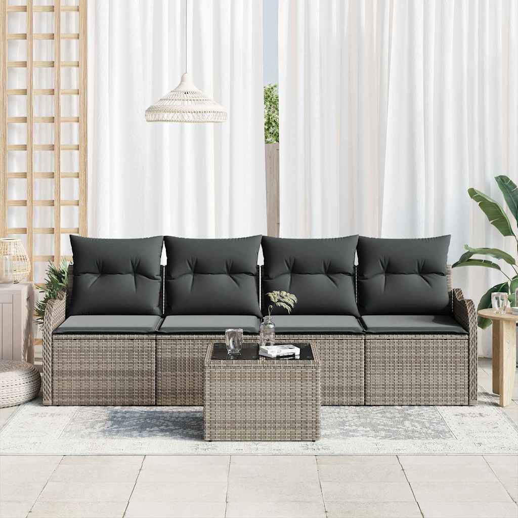 Conjunto de Sofá de Jardim 5 pcs Cinzeto Rattan e Aço e Vidro