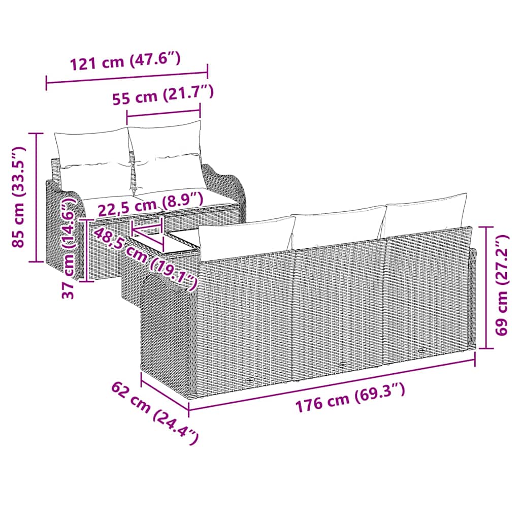 Conjunto de Sofá de Jardim 6 pcs Cinzeto Rattan e Aço e Vidro