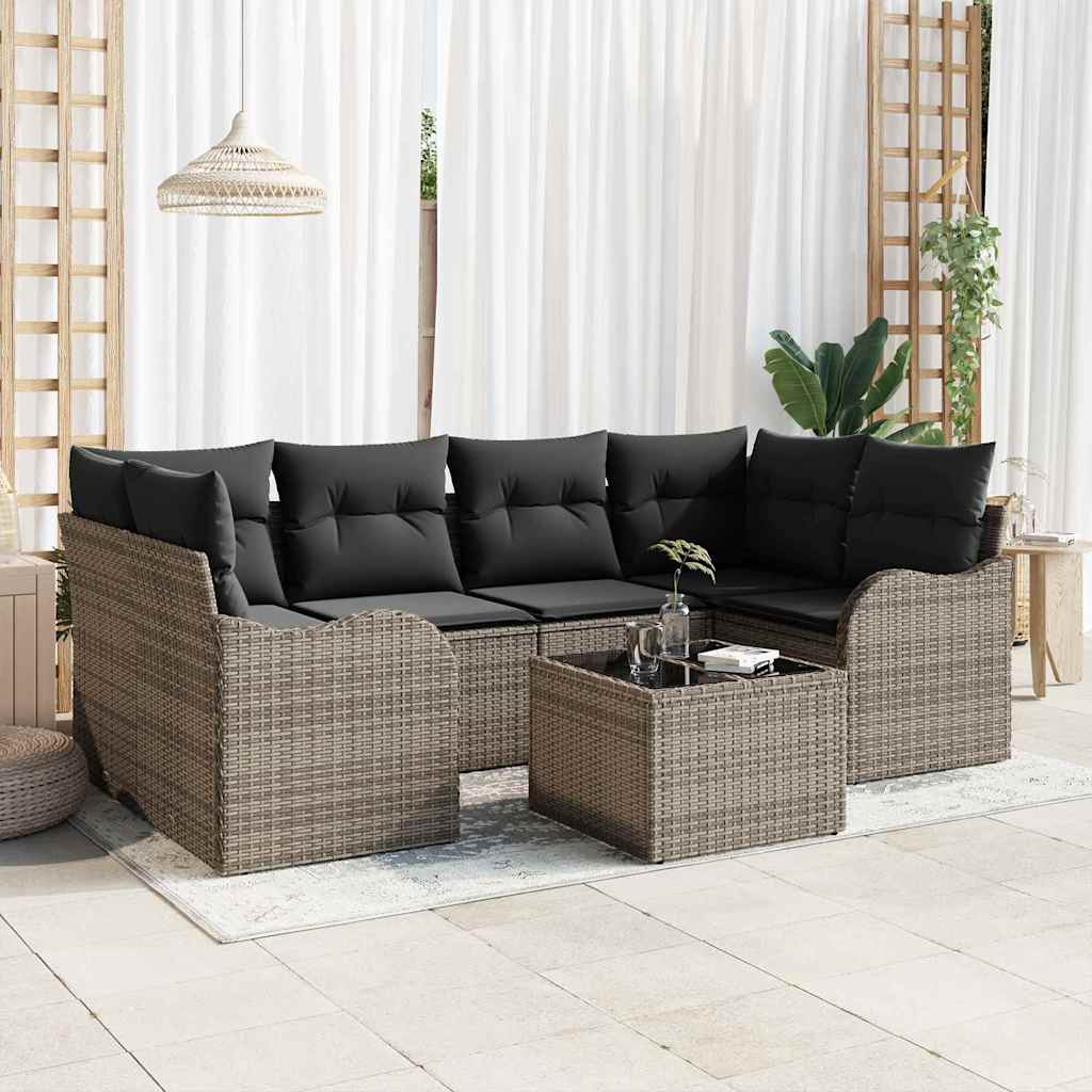 Conjunto de Sofá de Jardim 7 pcs Cinzeto Rattan e Aço e Vidro