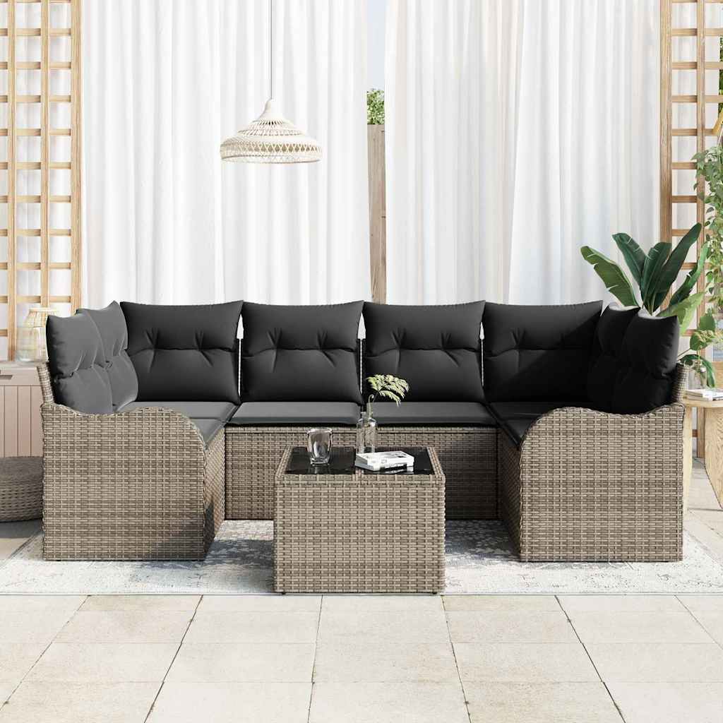 Conjunto de Sofá de Jardim 7 pcs Cinzeto Rattan e Aço e Vidro
