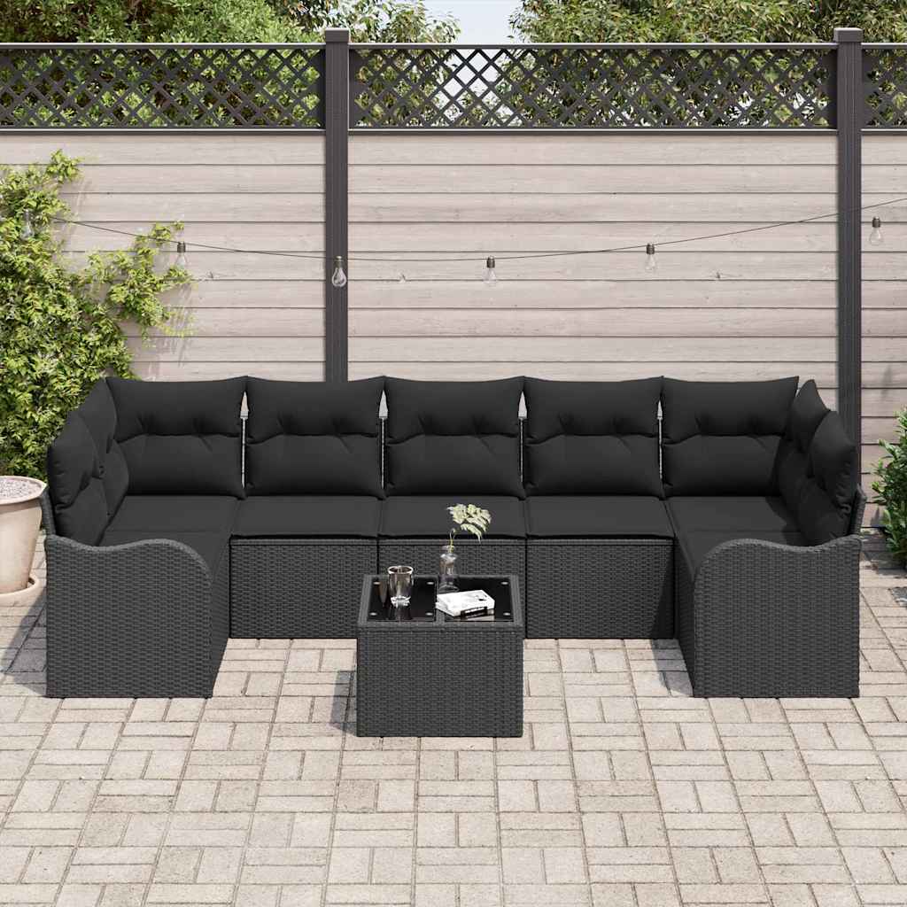 Conjunto de Sofá de Jardim 8 pcs Preto Rattan e Aço e Vidro