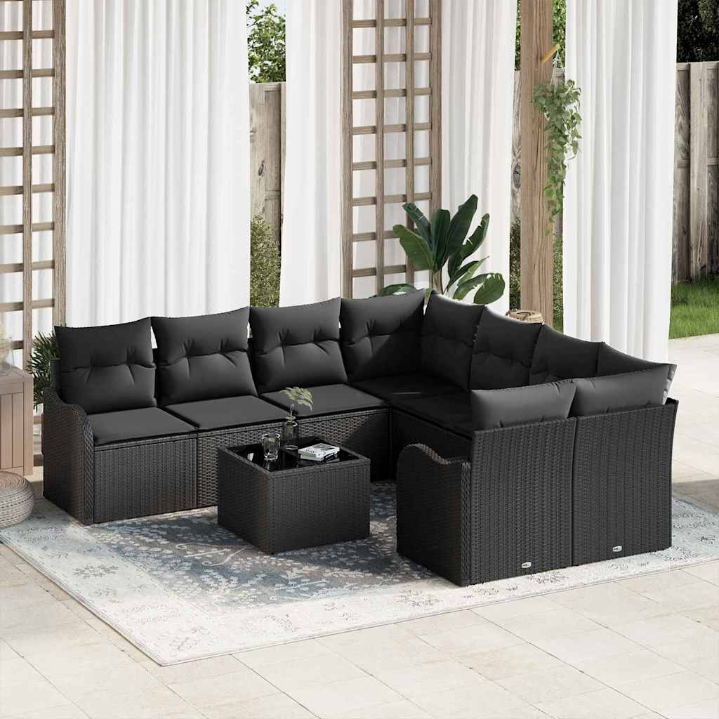 Conjunto de Sofá de Jardim com almofada 9 pcs Preto