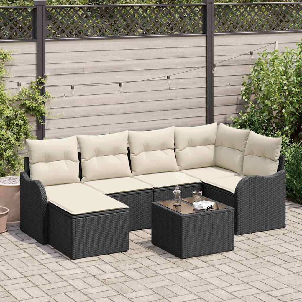 Conjunto de Sofá de Jardim com almofada 7 pcs Preto e branco