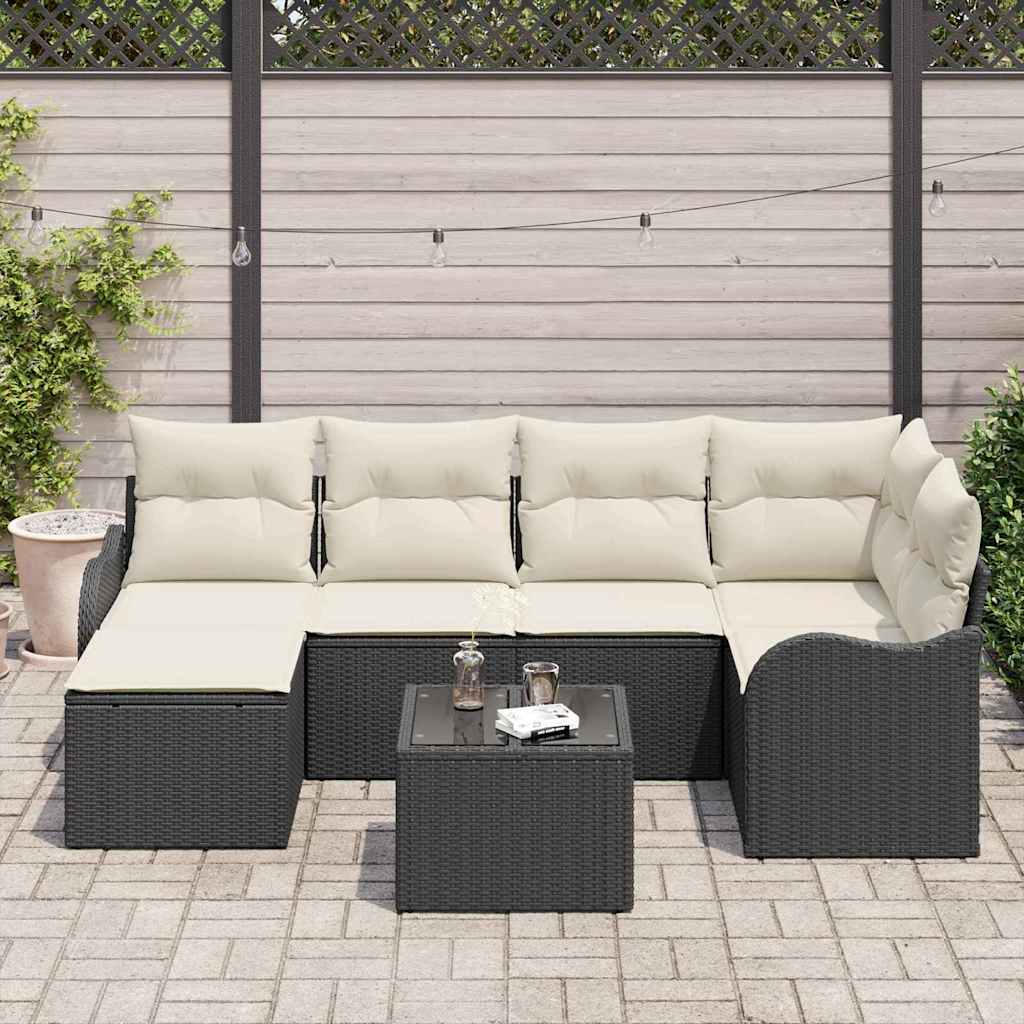 Conjunto de Sofá de Jardim com almofada 7 pcs Preto e branco