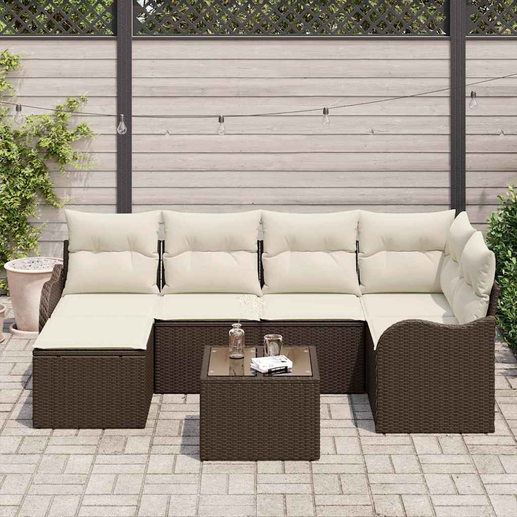Conjunto de Sofá de Jardim com almofada 7 pcs Castanho e branco