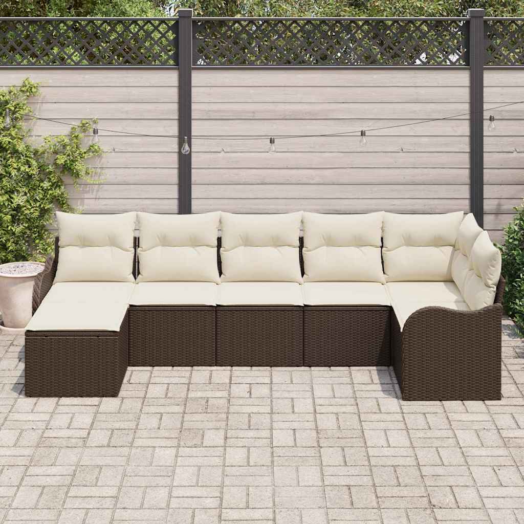 Conjunto de Sofá de Jardim com almofada 7 pcs Castanho e branco