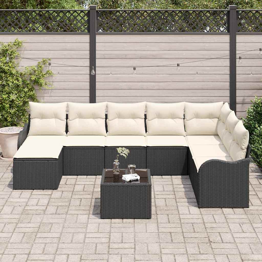 Conjunto de Sofá de Jardim com almofada 9 pcs Preto e branco