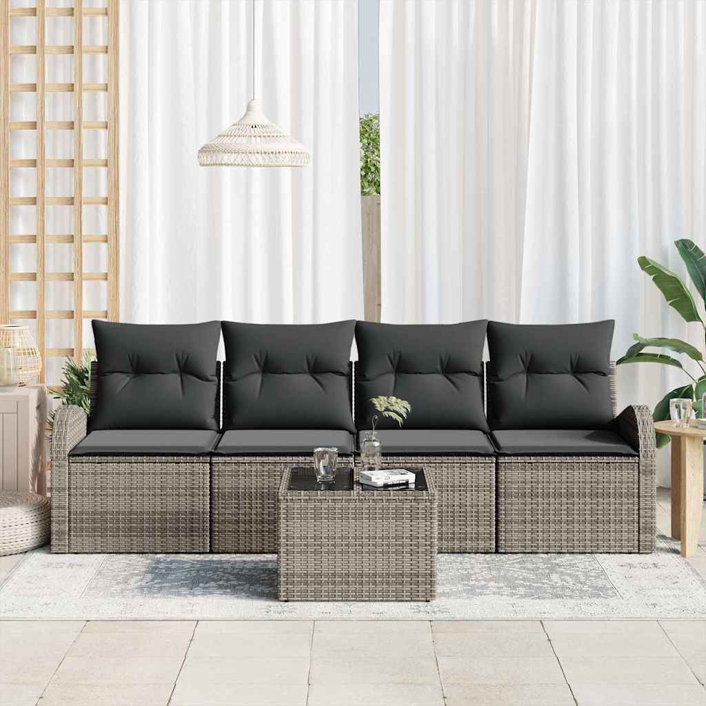 Conjunto de Sofá de Jardim 5 pcs Cinzeto Rattan e Aço e Vidro