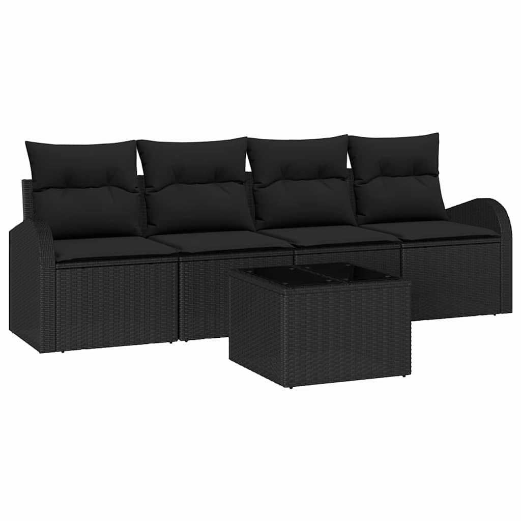 Conjunto de Sofá de Jardim 5 pcs Preto Rattan e Aço e Vidro