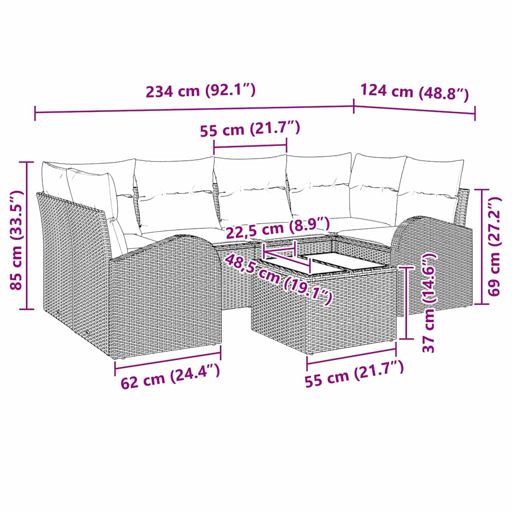 Conjunto de Sofá de Jardim com almofada 7 pcs Preto e Creme