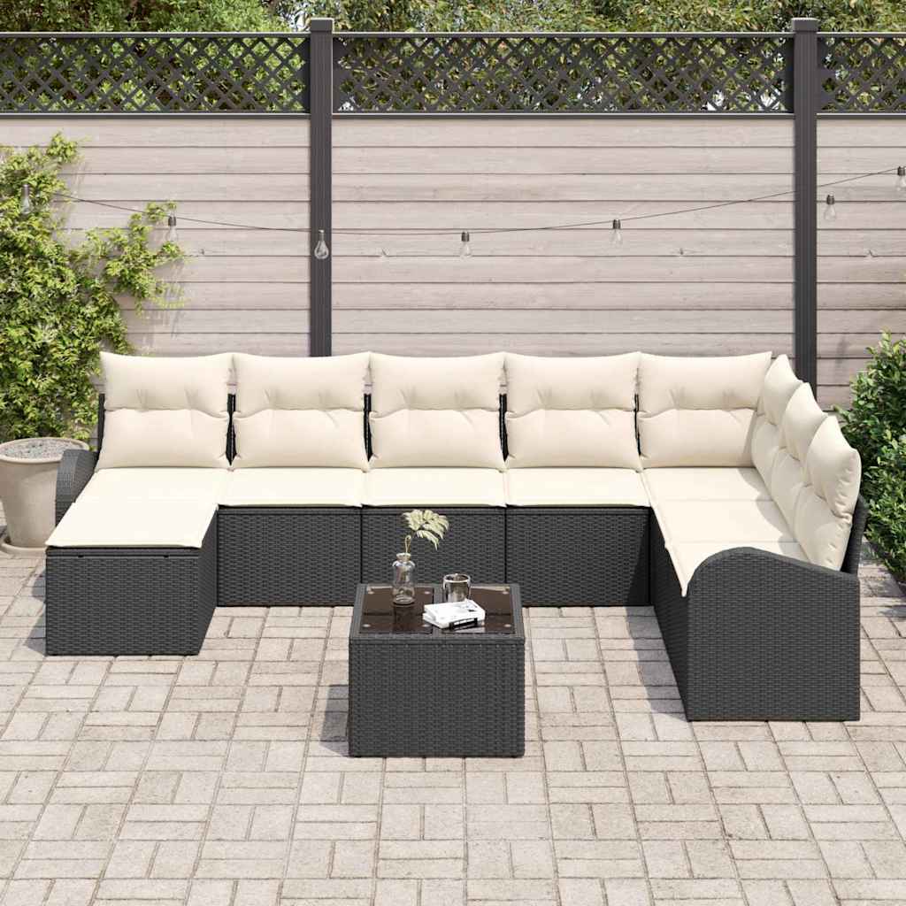 Conjunto de Sofá de Jardim com almofada 9 pcs Preto e branco