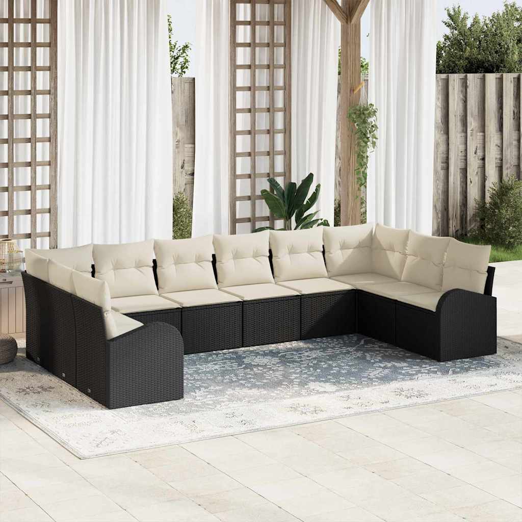 Conjunto de Sofá de Jardim com almofada 10 pcs Preto e Creme