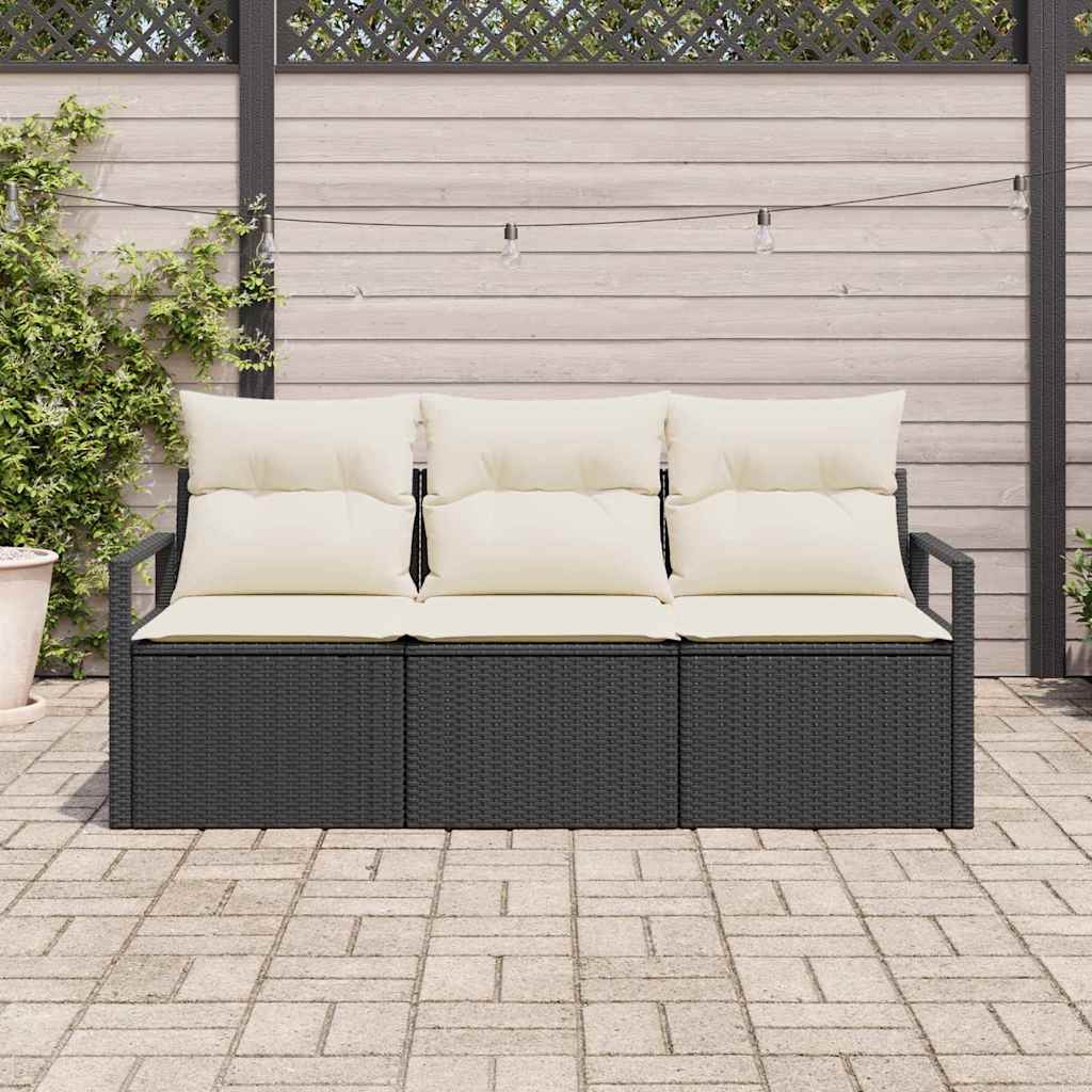 Conjunto de Sofá de Jardim com almofada 3 pcs Preto e Creme