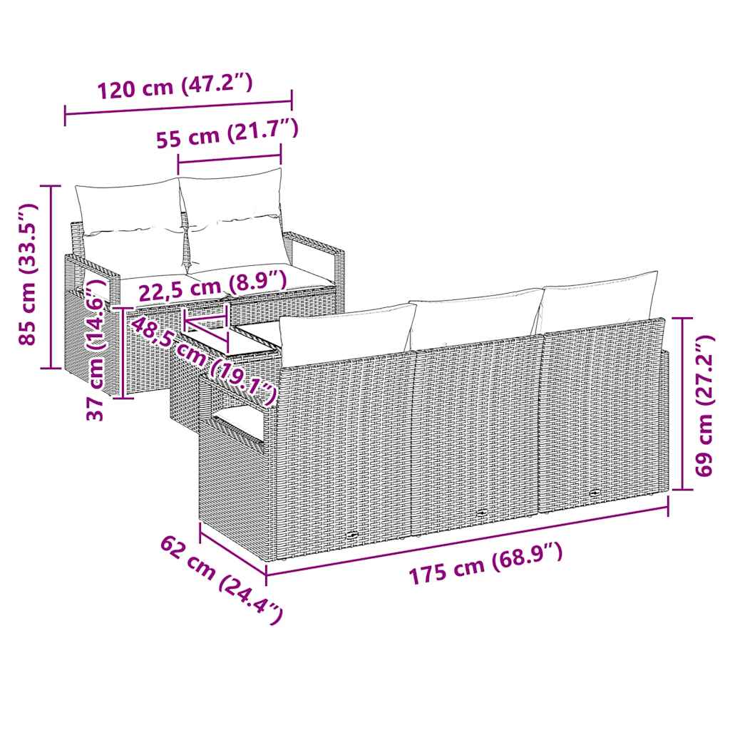 Conjunto de Sofá de Jardim 6 pcs Marrom e Creme 55 x 55 x 37 cm