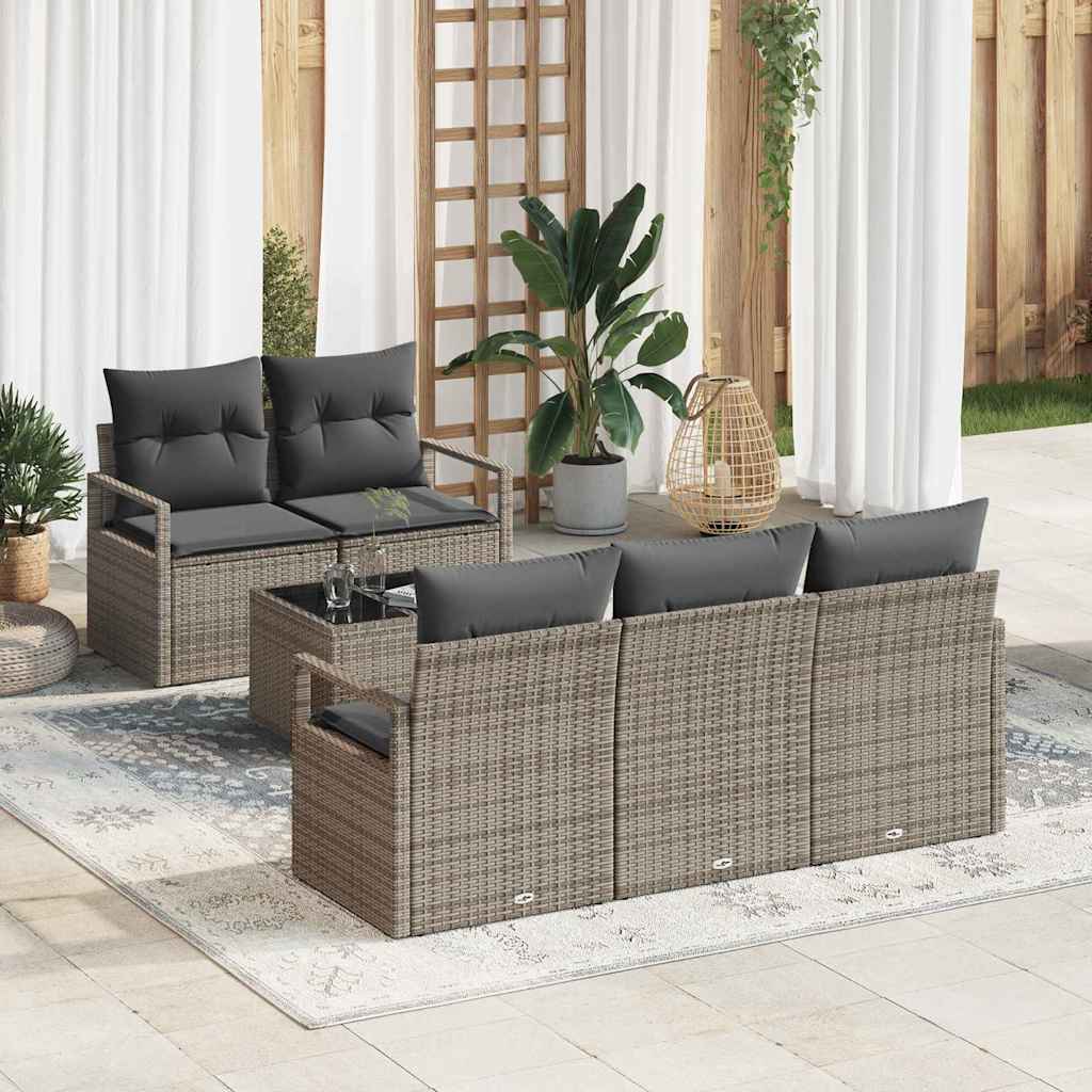 Conjunto de Sofá de Jardim 6 pcs Cinzeto Rattan e Aço e Vidro