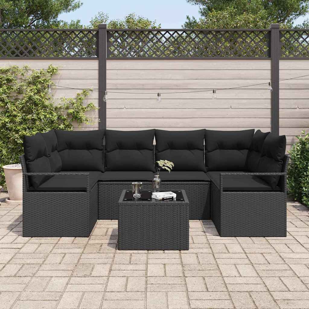 Conjunto de Sofá de Jardim 7 pcs Preto Rattan e Aço e Vidro