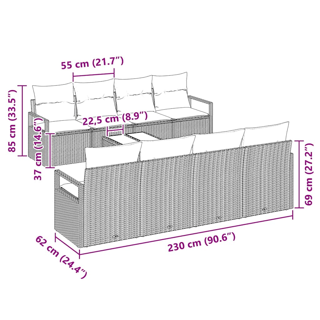 Conjunto de Sofá de Jardim 9 pcs Marrom e Creme 55 x 55 x 37 cm