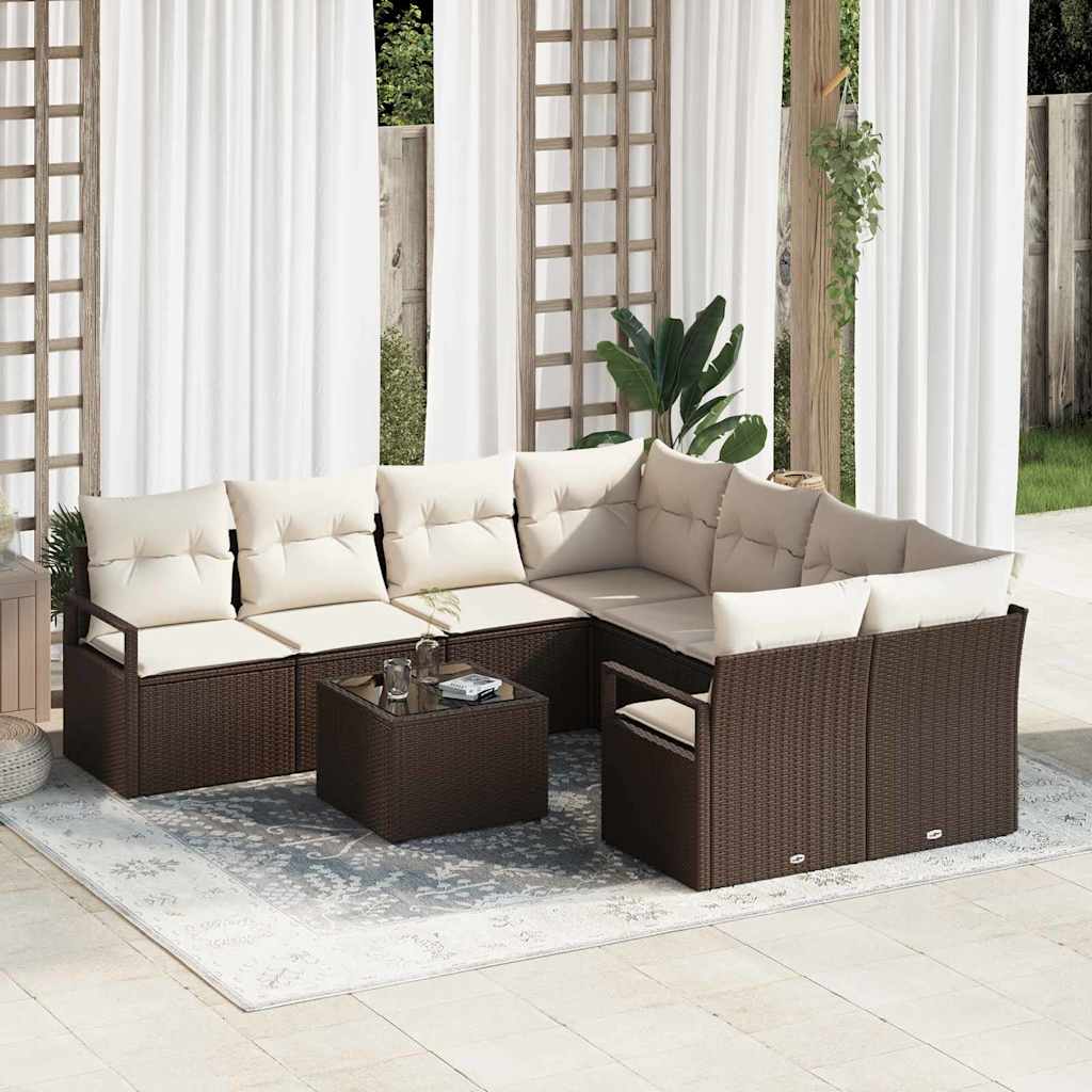 Conjunto de Sofá de Jardim 9 pcs Marrom e Creme 55 x 55 x 37 cm