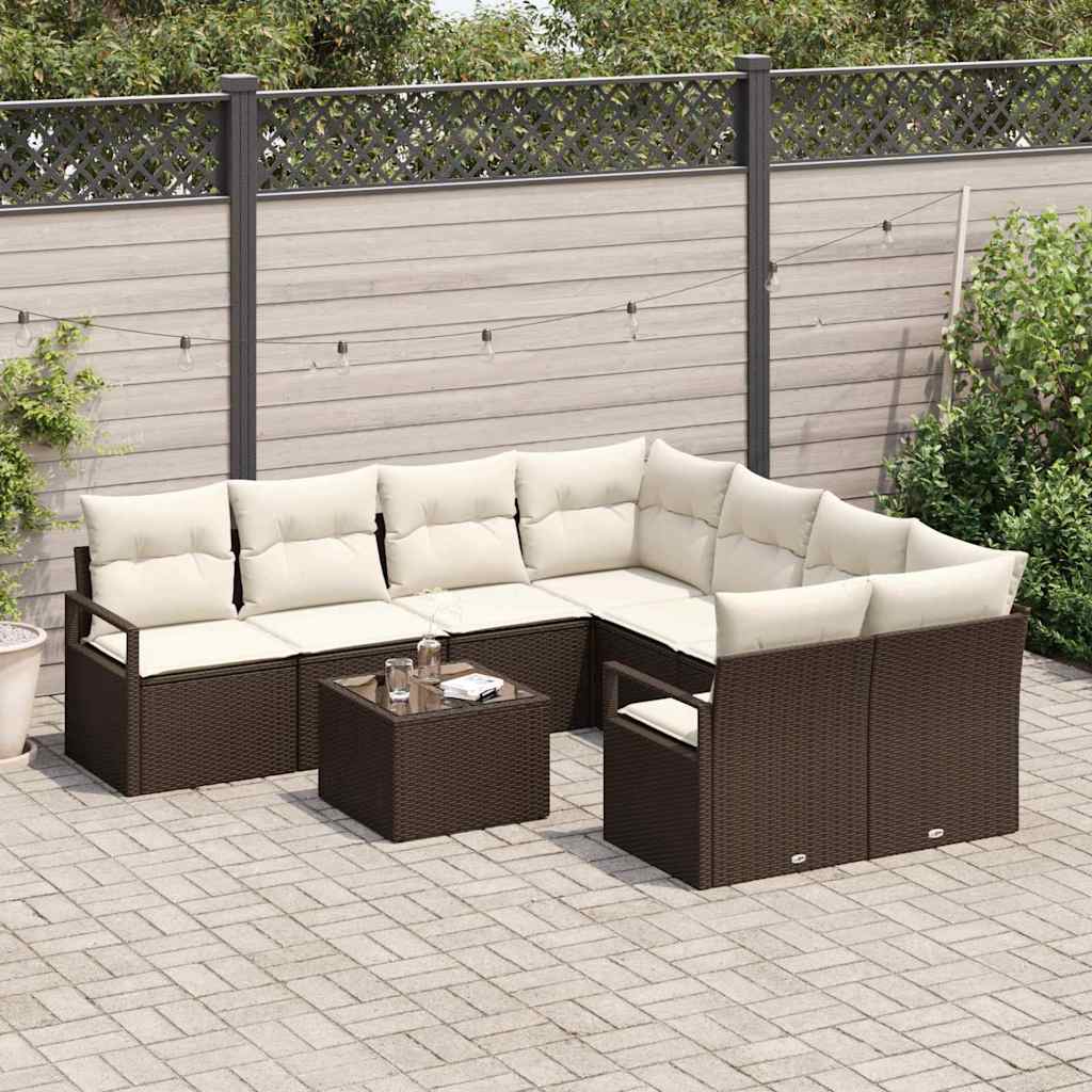 Conjunto de Sofá de Jardim 9 pcs Marrom e Creme 55 x 55 x 37 cm