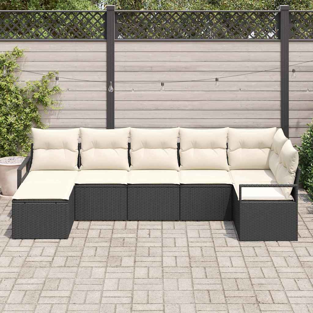 Conjunto de Sofá de Jardim com almofada 7 pcs Preto e Creme