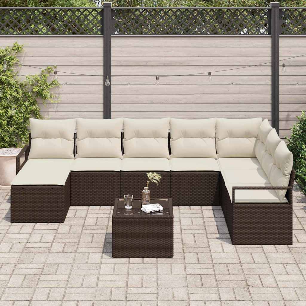 Conjunto de Sofá de Jardim com almofada 9 pcs Marrom e Creme