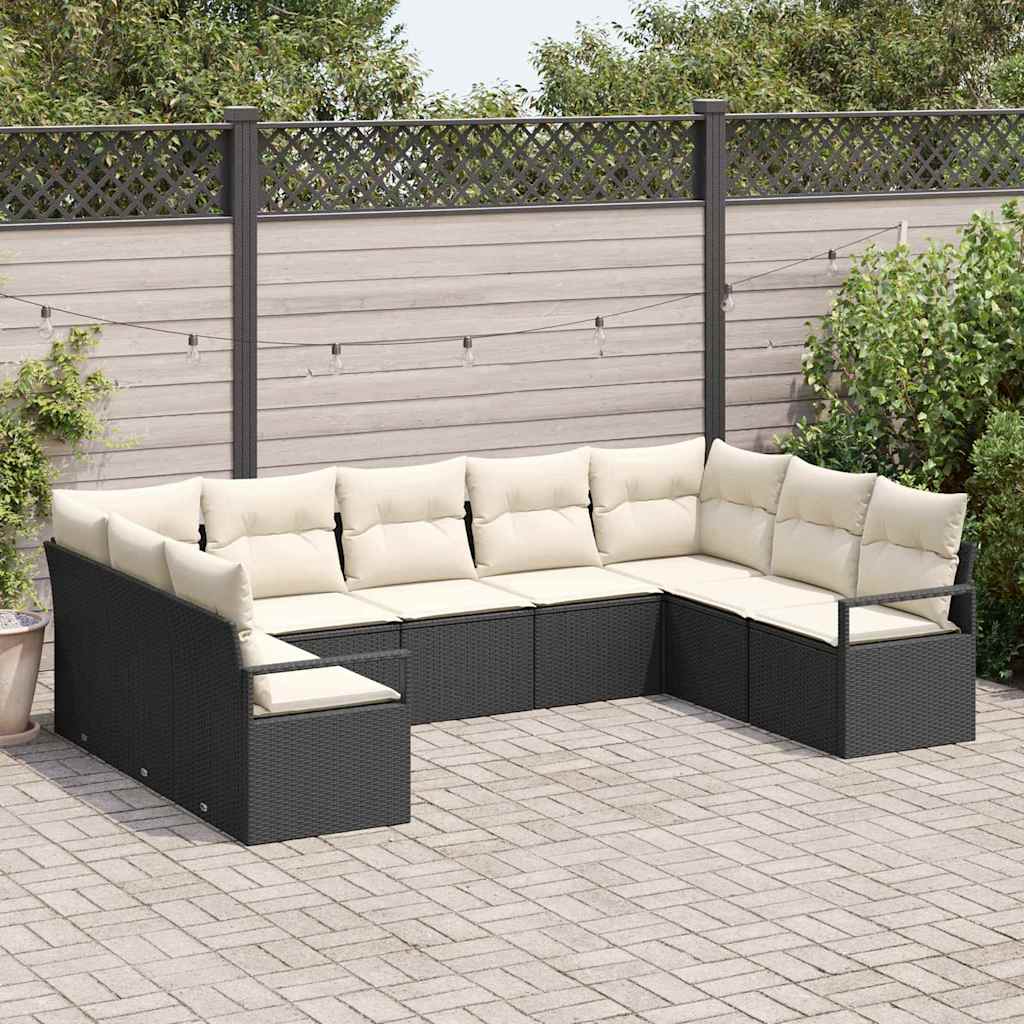 Conjunto de Sofá de Jardim com almofada 9 pcs Preto e Creme