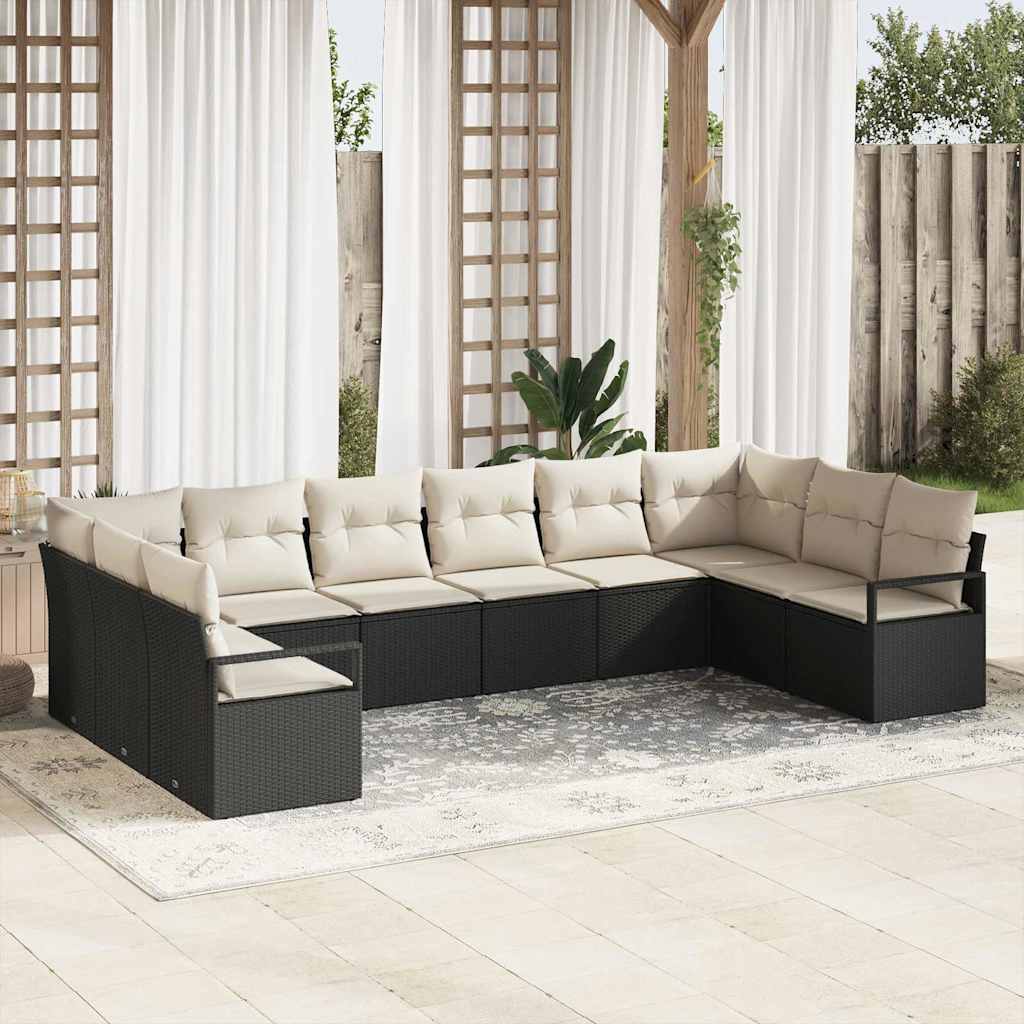 Conjunto de Sofá de Jardim com almofada 10 pcs Preto e Creme
