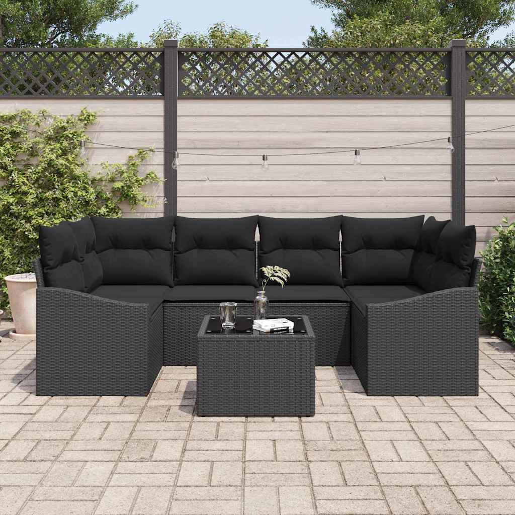 Conjunto de Sofá de Jardim 7 pcs Preto Rattan e Aço e Vidro