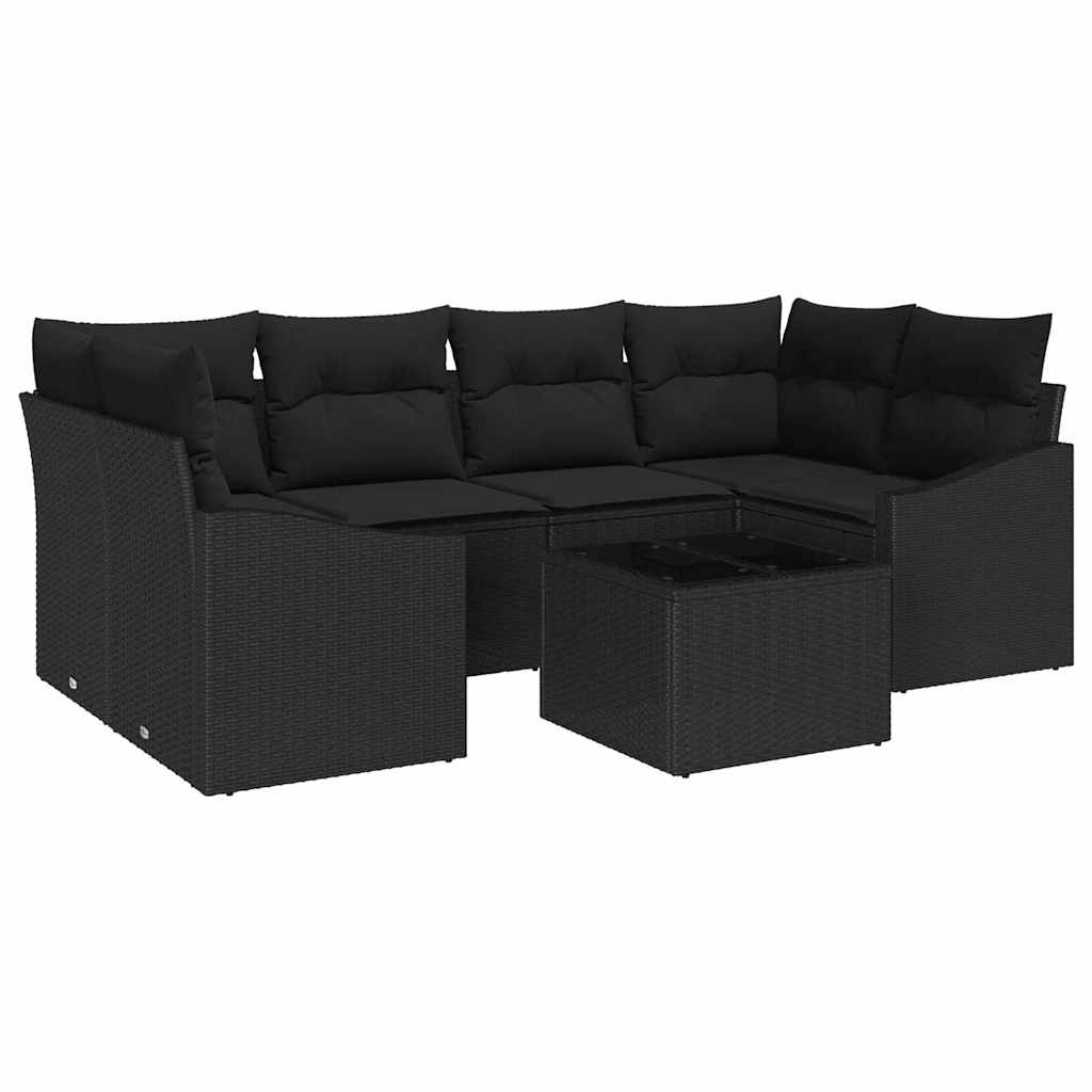Conjunto de Sofá de Jardim 7 pcs Preto Rattan e Aço e Vidro
