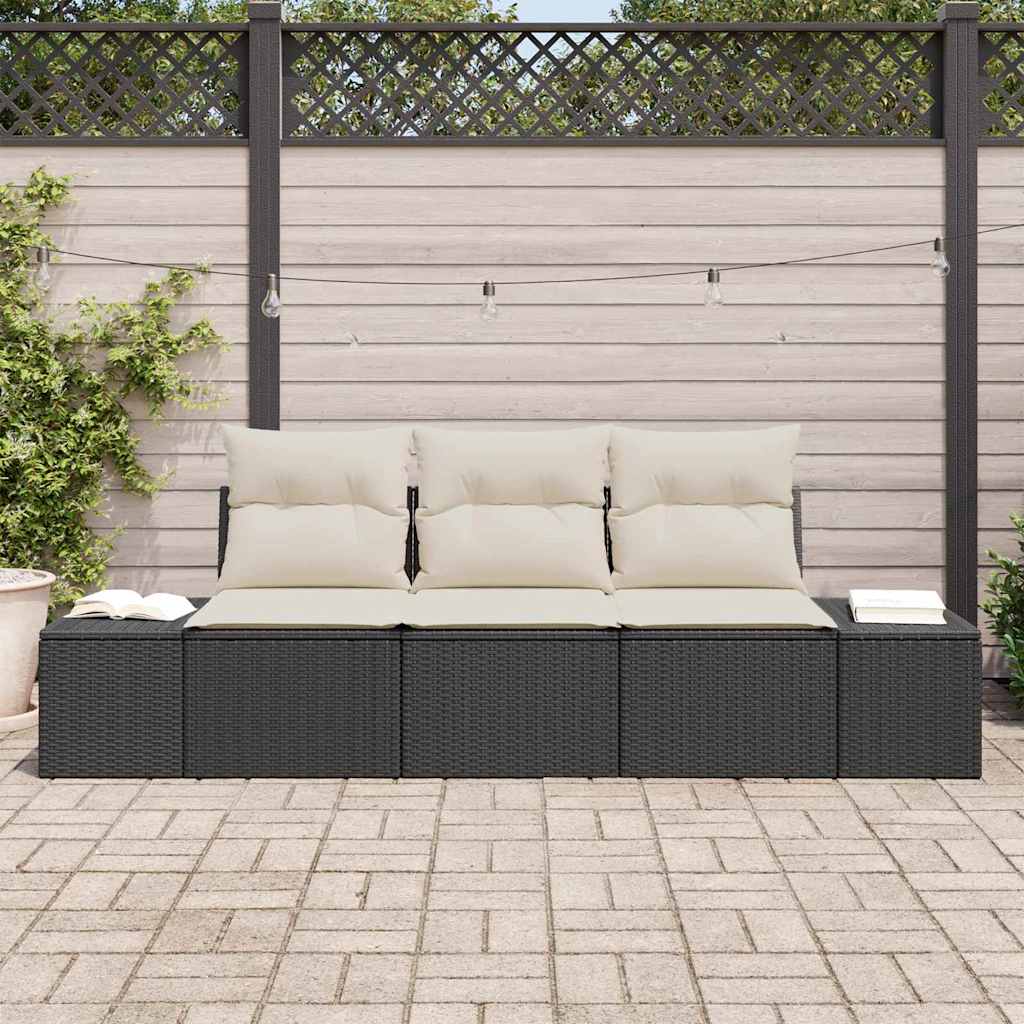 Conjunto de Sofá de Jardim com almofada 3 pcs Preto e Creme