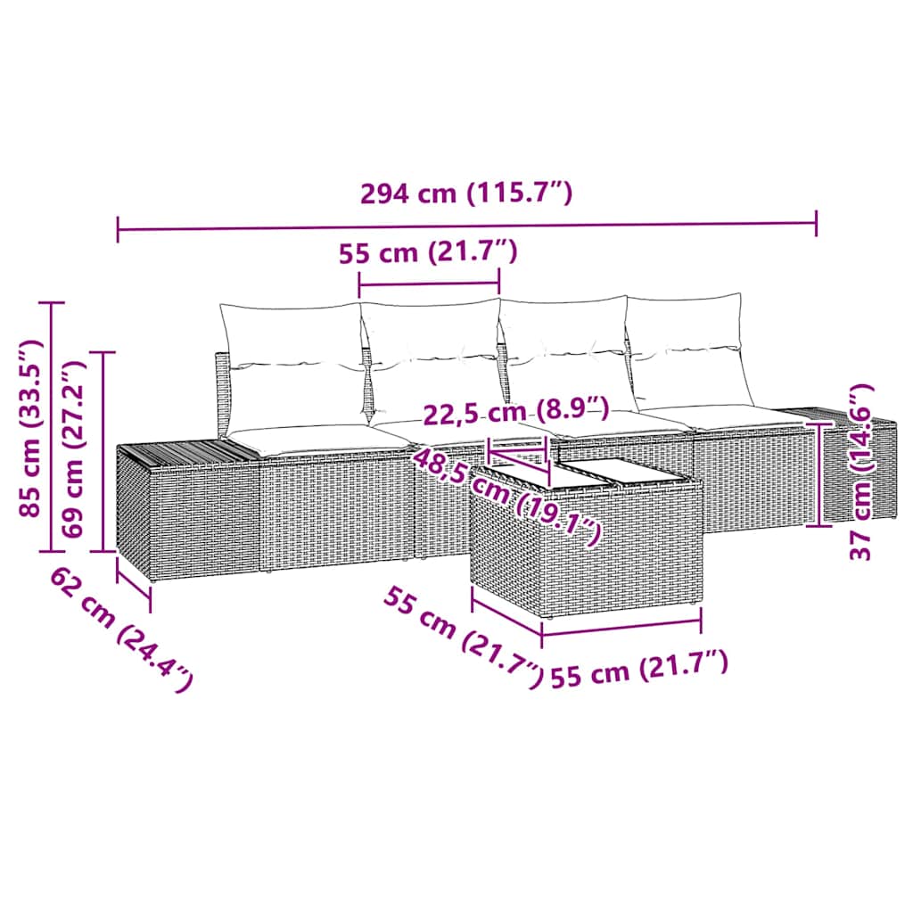 Conjunto de Sofá de Jardim 5 pcs Bege e Creme 55 x 55 x 37 cm