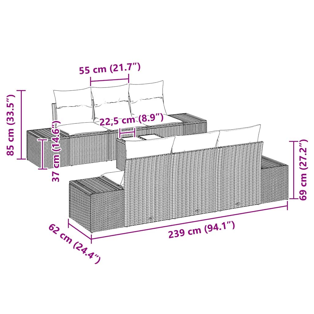 Conjunto de Sofá de Jardim 7 pcs Marrom e Creme 55 x 55 x 37 cm