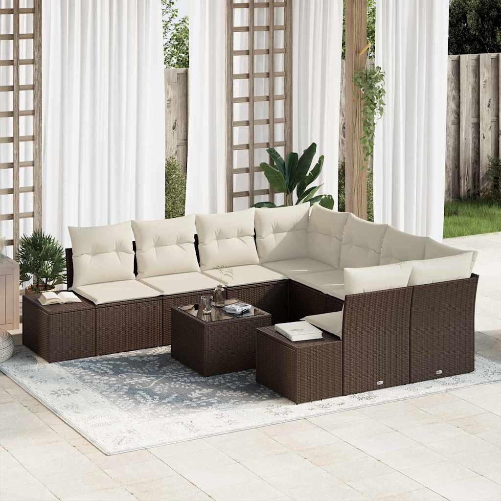 Conjunto de Sofá de Jardim 9 pcs Marrom e Creme 55 x 55 x 37 cm