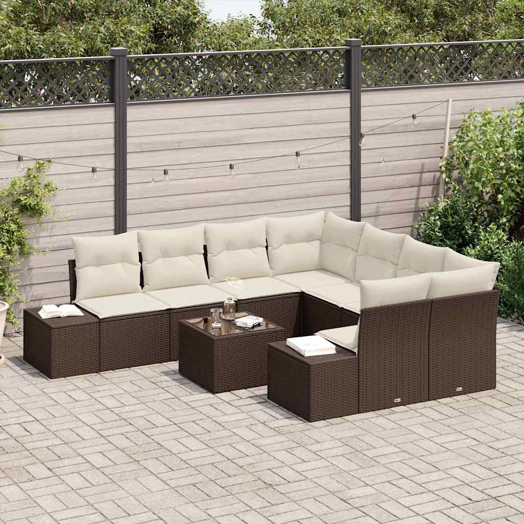 Conjunto de Sofá de Jardim 9 pcs Marrom e Creme 55 x 55 x 37 cm